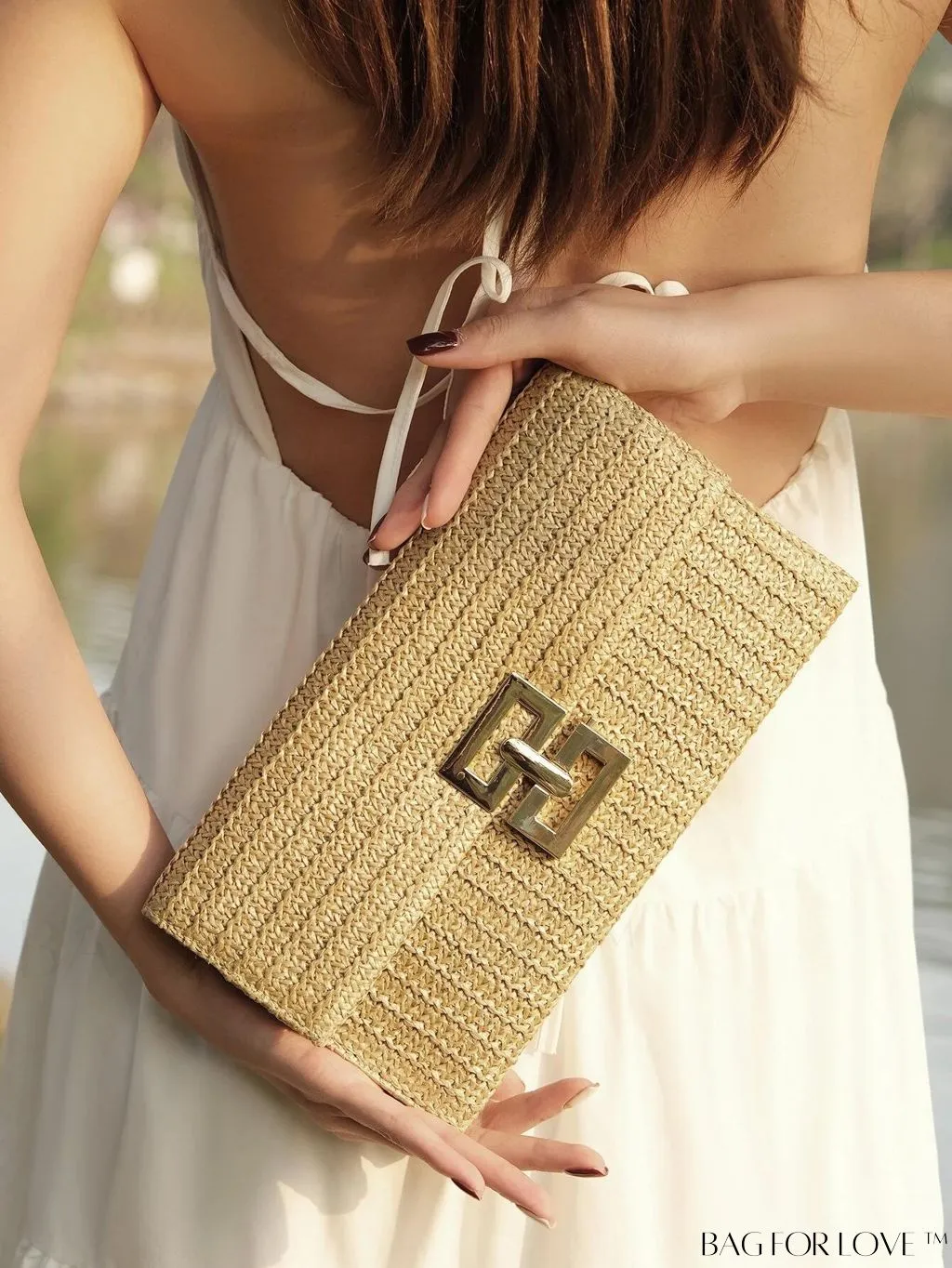 BagForLove - Khaki Metal Lock Flap Straw Bag: Fashionable Essential for Summer Travel & Beach