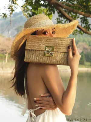 BagForLove - Khaki Metal Lock Flap Straw Bag: Fashionable Essential for Summer Travel & Beach
