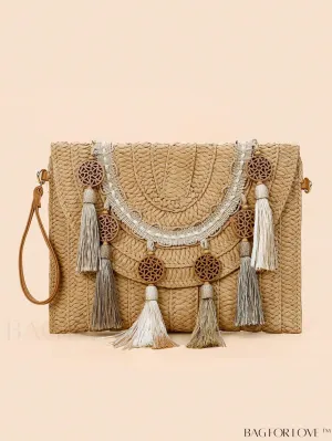 BagForLove - Rustic Round Straw Bag with Tassel and Flap Closure - Ideal for Summer Vacation