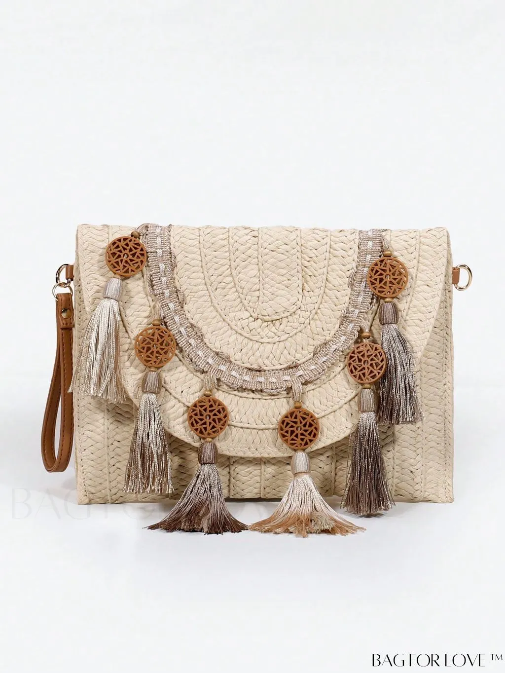 BagForLove - Rustic Round Straw Bag with Tassel and Flap Closure - Ideal for Summer Vacation