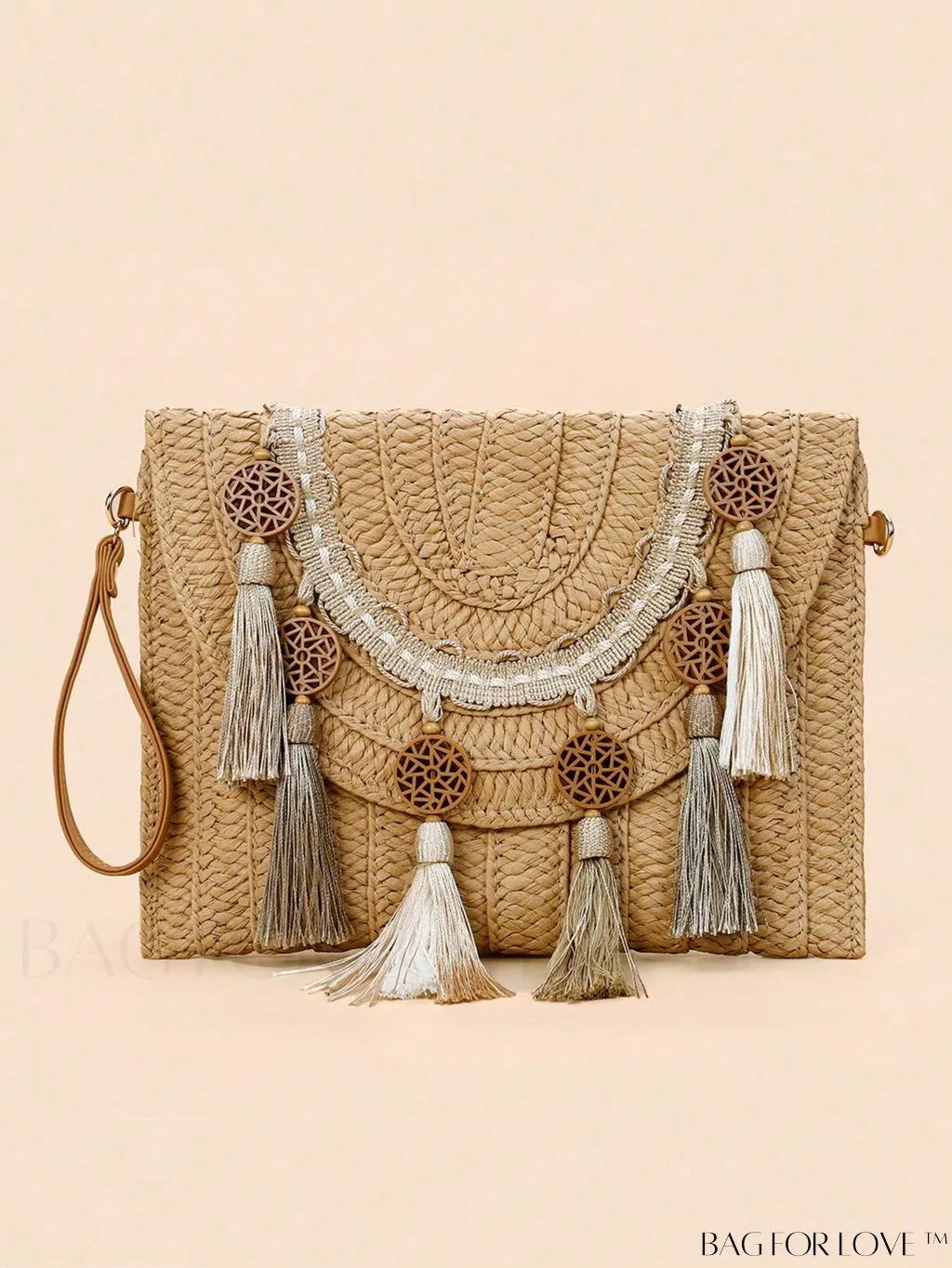 BagForLove - Rustic Round Straw Bag with Tassel and Flap Closure - Ideal for Summer Vacation