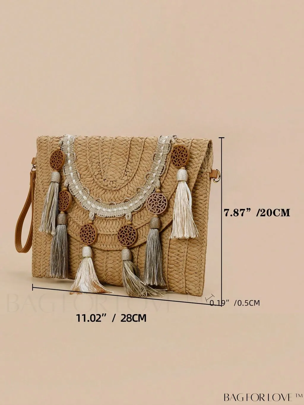 BagForLove - Rustic Round Straw Bag with Tassel and Flap Closure - Ideal for Summer Vacation