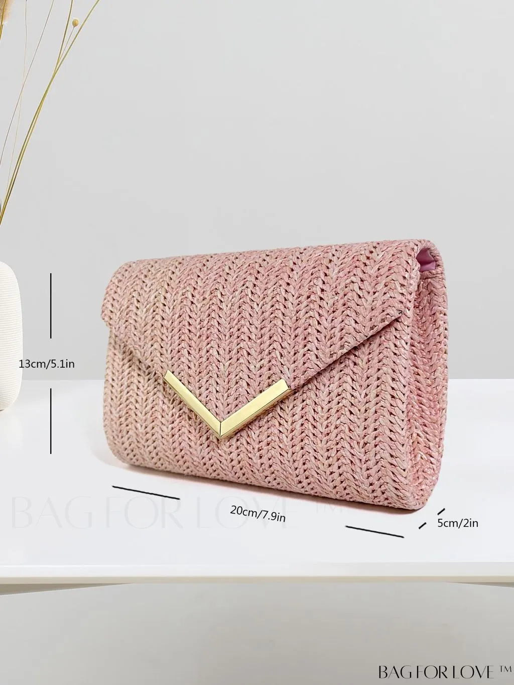 BagForLove - Stylish Pink Woven Straw Crossbody Bag - Perfect for Summer Beach, Envelope Design