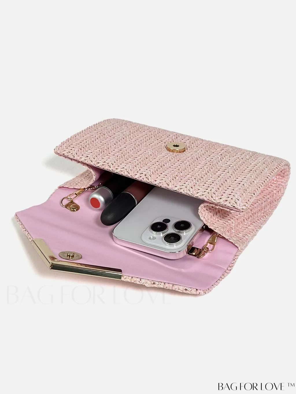 BagForLove - Stylish Pink Woven Straw Crossbody Bag - Perfect for Summer Beach, Envelope Design