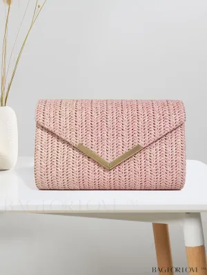 BagForLove - Stylish Pink Woven Straw Crossbody Bag - Perfect for Summer Beach, Envelope Design