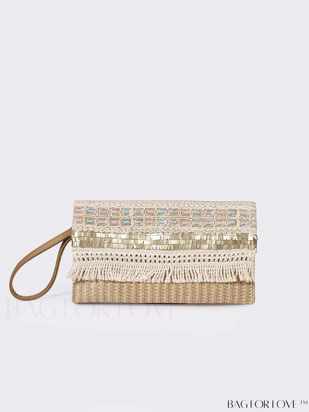 BagForLove - Stylish Stitched Straw Bag with Sequin and Fringe Decor