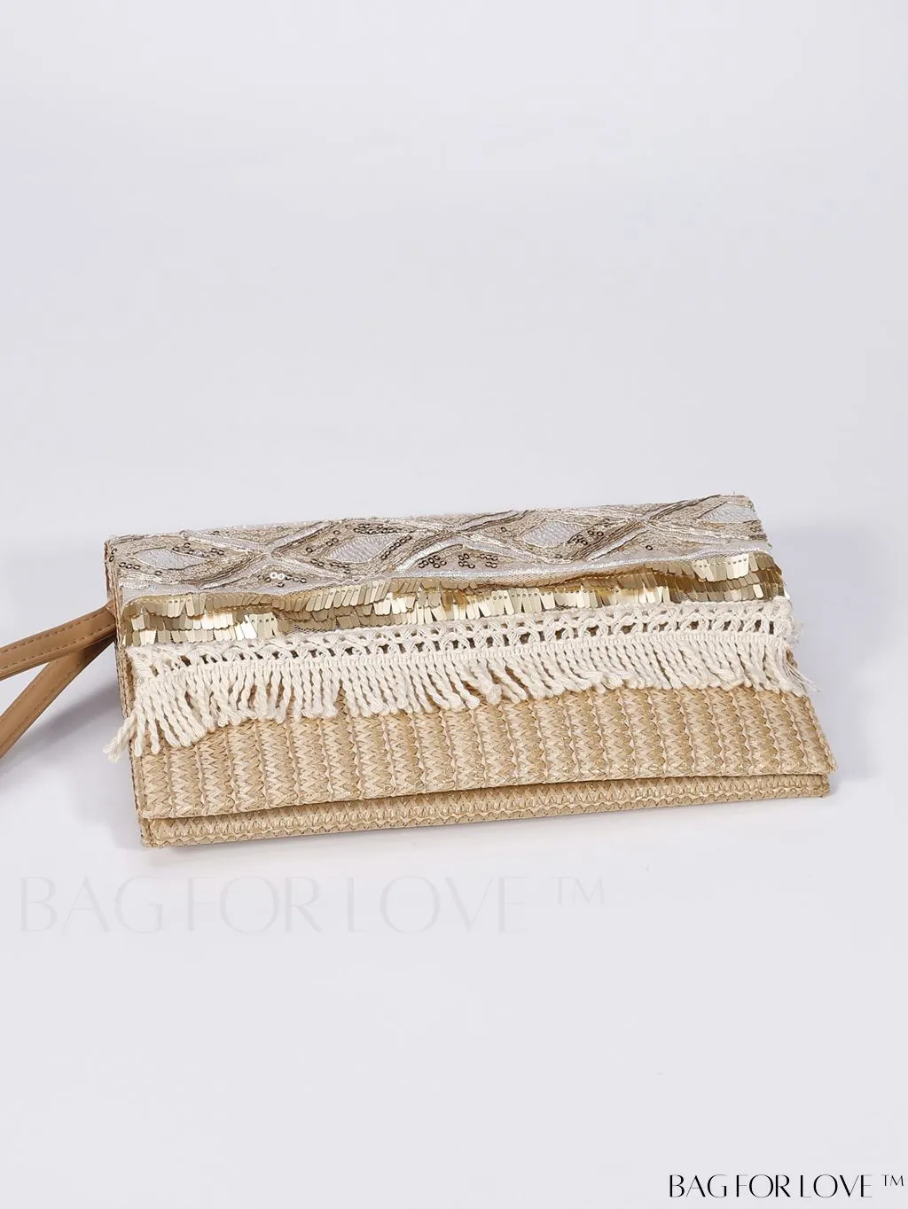 BagForLove - Stylish Stitched Straw Bag with Sequin and Fringe Decor