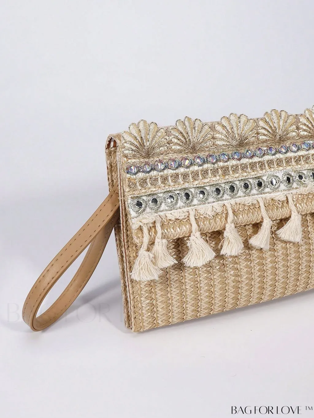 BagForLove - Stylish Stitched Straw Bag with Sequin and Fringe Decor