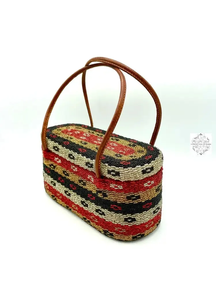 Bali Beaded Handbag | Handmade Multi-Colored Patterned Glass Beading on Ata Straw Purse, Leather Straps
