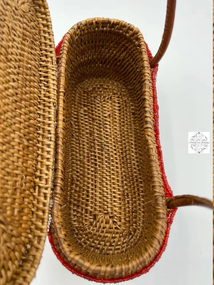 Bali Beaded Handbag | Handmade Multi-Colored Patterned Glass Beading on Ata Straw Purse, Leather Straps