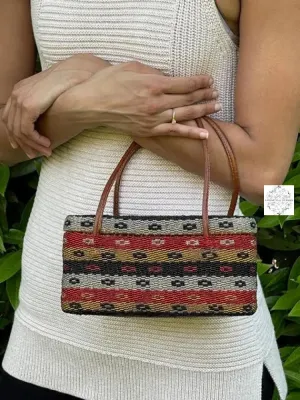 Bali Beaded Handbag | Handmade Multi-Colored Patterned Glass Beading on Ata Straw Purse, Leather Straps