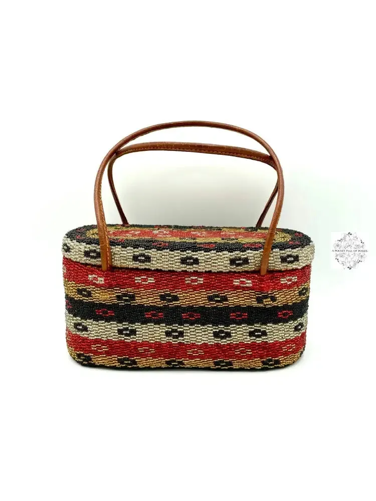 Bali Beaded Handbag | Handmade Multi-Colored Patterned Glass Beading on Ata Straw Purse, Leather Straps