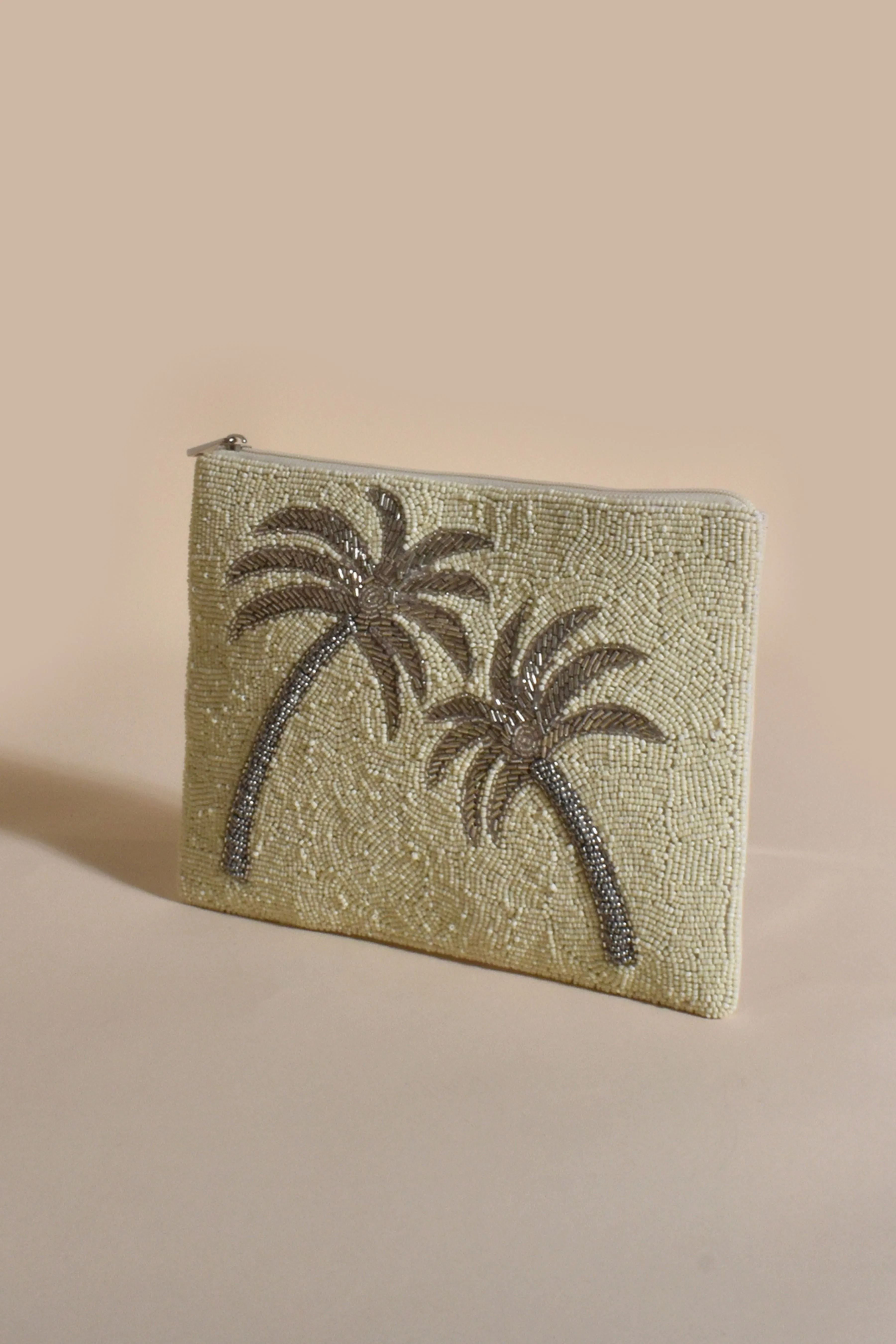 Beaded Palm Front Zip Top Clutch - White Silver