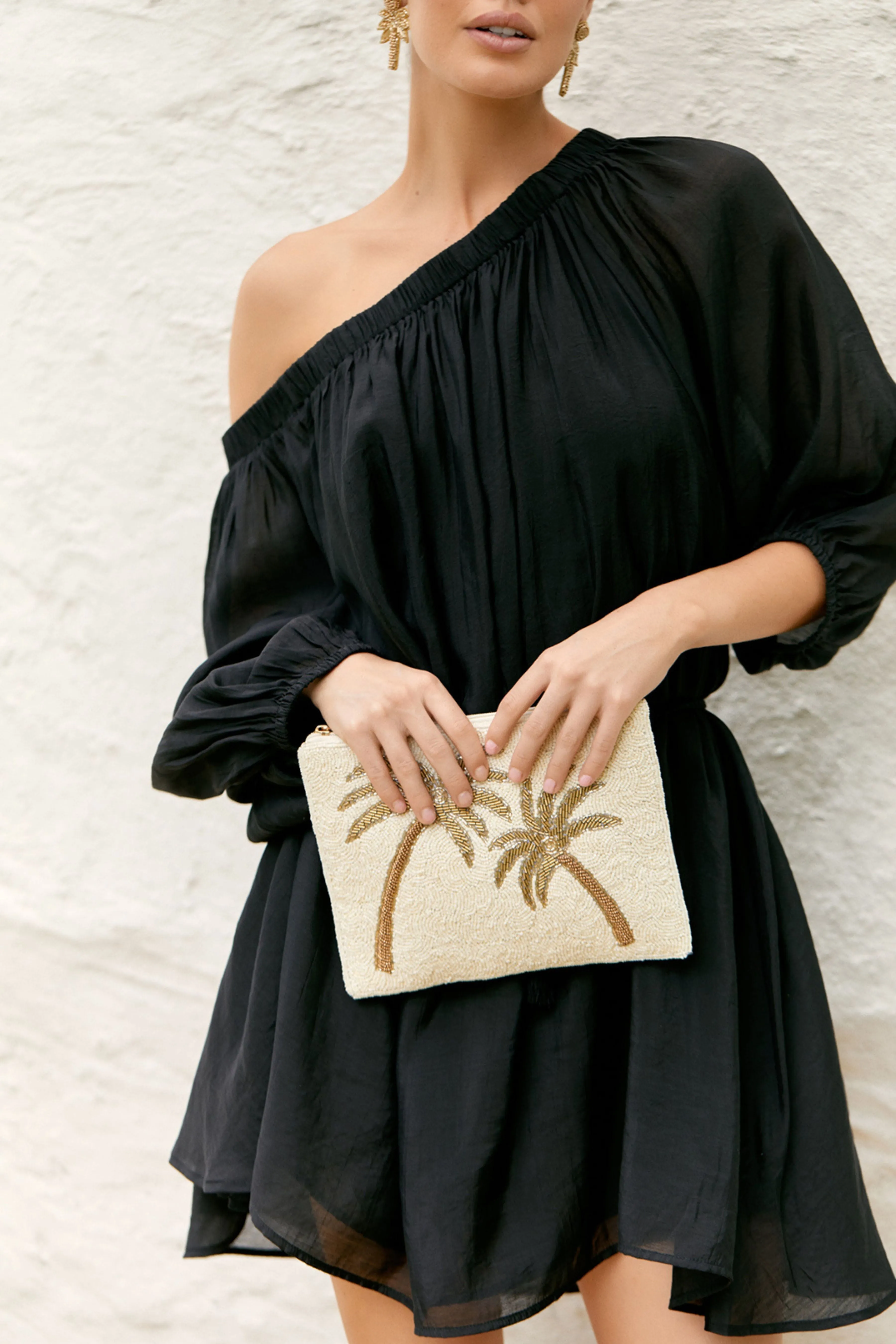 Beaded Palm Front Zip Top Clutch - White Silver