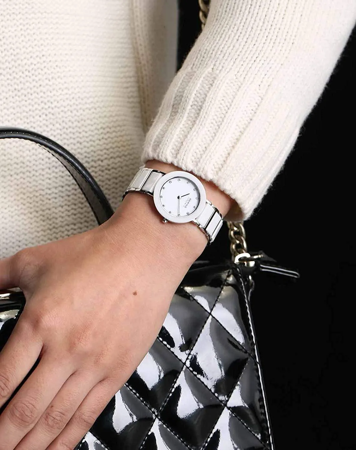 BERING White Ceramic Two-Tone Stainless Steel Crystal Markers Women's Watch 11429-754
