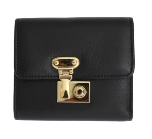 Black Leather Gold Lock Trifold Wallet