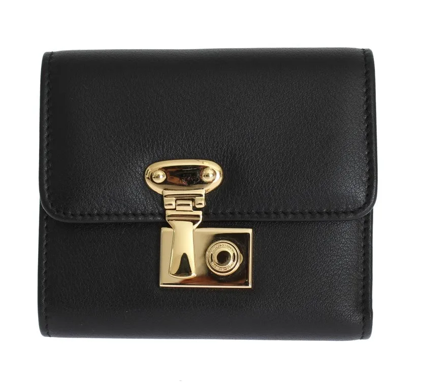 Black Leather Gold Lock Trifold Wallet