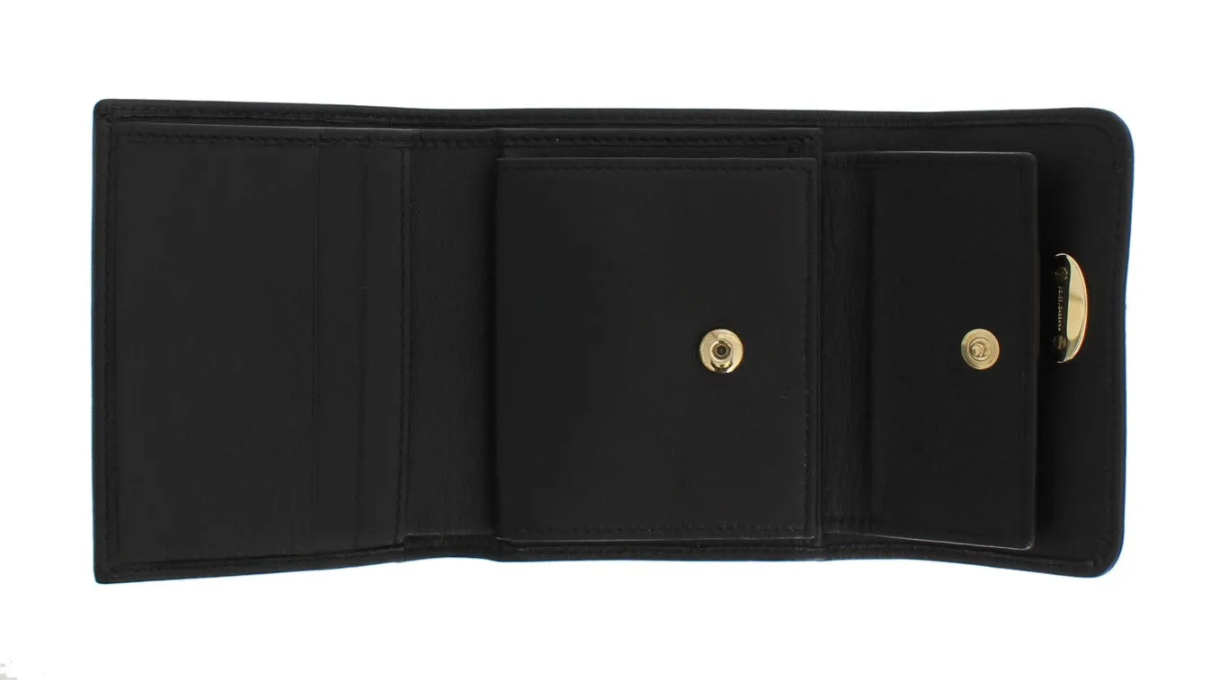 Black Leather Gold Lock Trifold Wallet