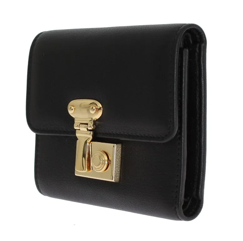 Black Leather Gold Lock Trifold Wallet