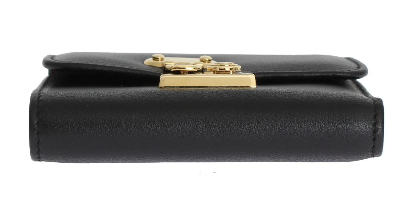 Black Leather Gold Lock Trifold Wallet
