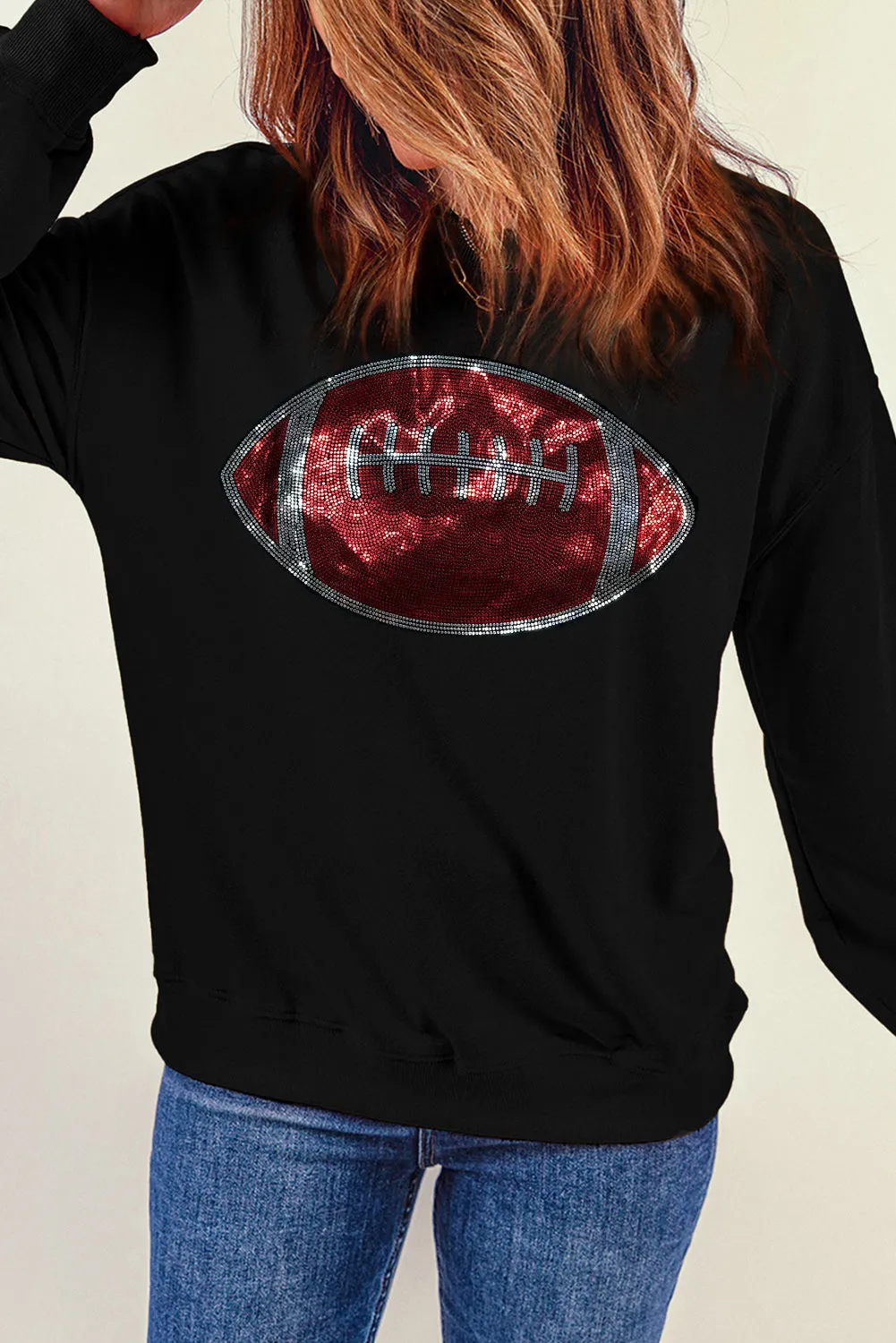 Black Rhinestone Rugby Football Pattern Crew Neck Pullover Sweatshirt
