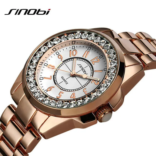 Bling Rhinestone SINOBI Luxury steel Quartz Watch Women Clock female Ladies Dress Wristwatch Gift Silver Gold 2017 relojes mujer
