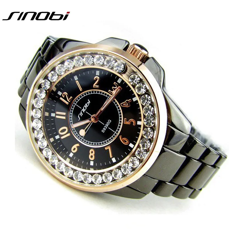Bling Rhinestone SINOBI Luxury steel Quartz Watch Women Clock female Ladies Dress Wristwatch Gift Silver Gold 2017 relojes mujer