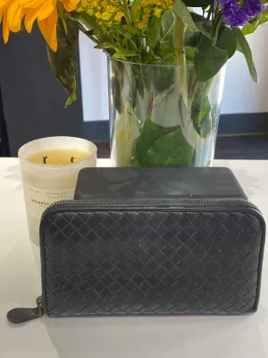 Bottega Veneta Black Classic Leather Woven Zip Around Wallet