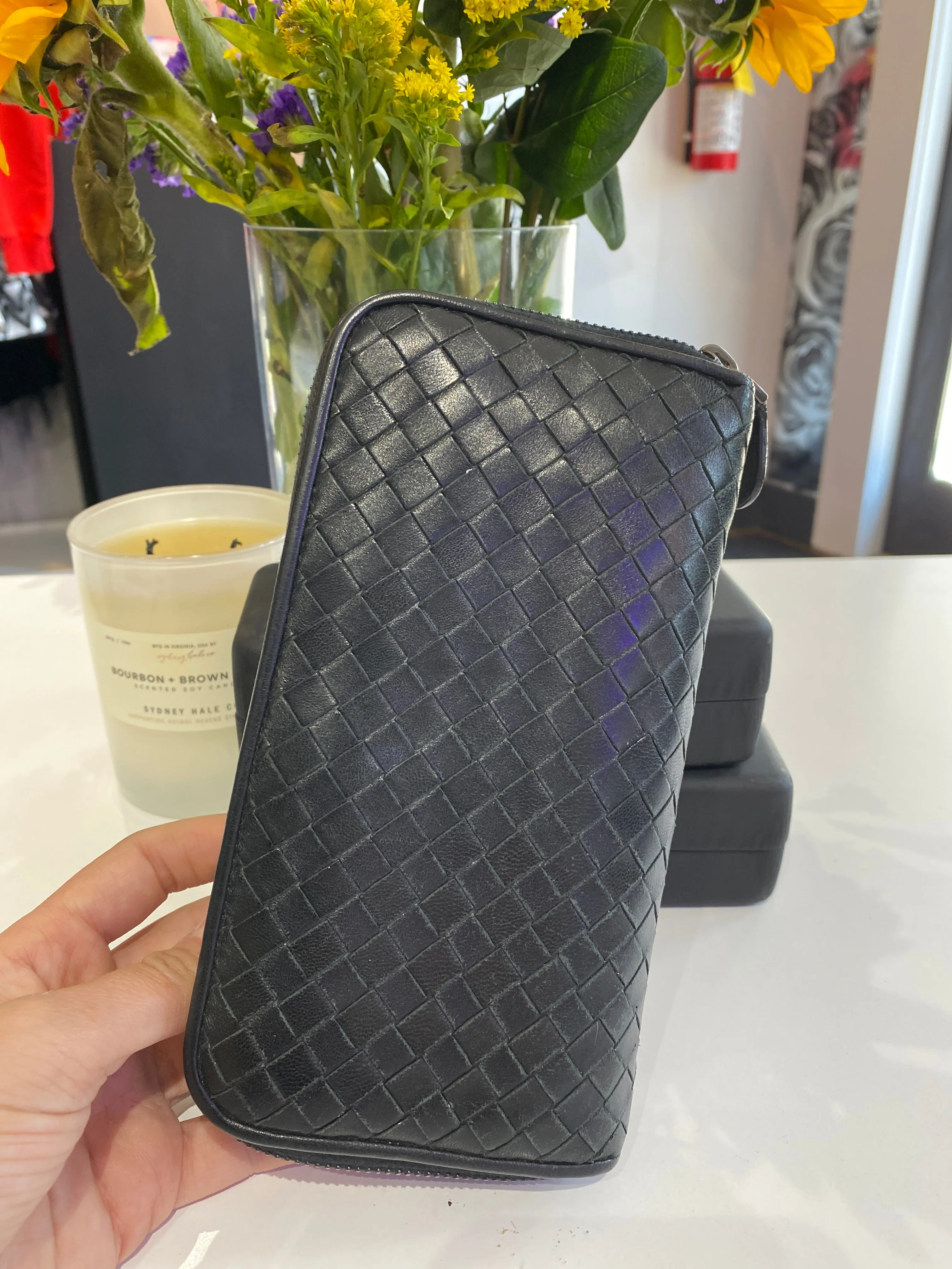 Bottega Veneta Black Classic Leather Woven Zip Around Wallet