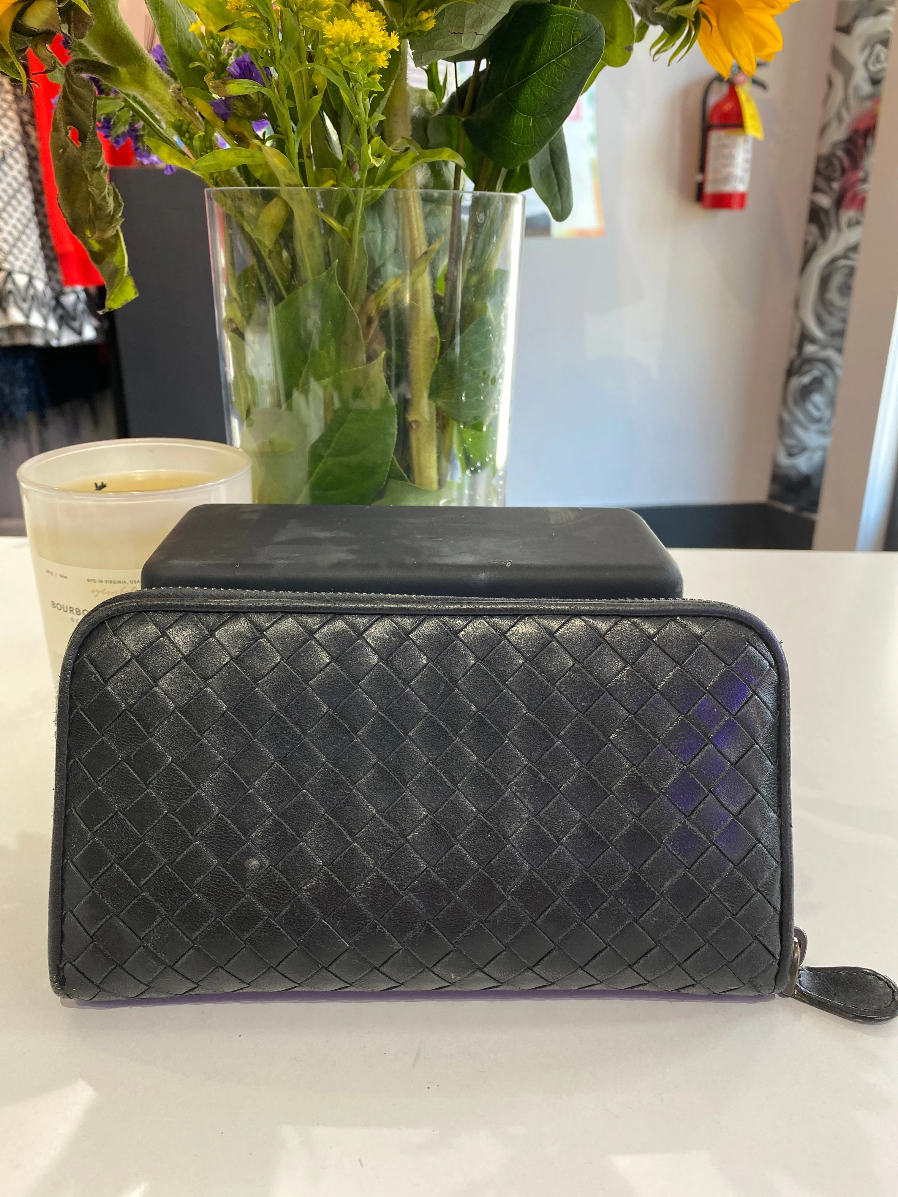 Bottega Veneta Black Classic Leather Woven Zip Around Wallet