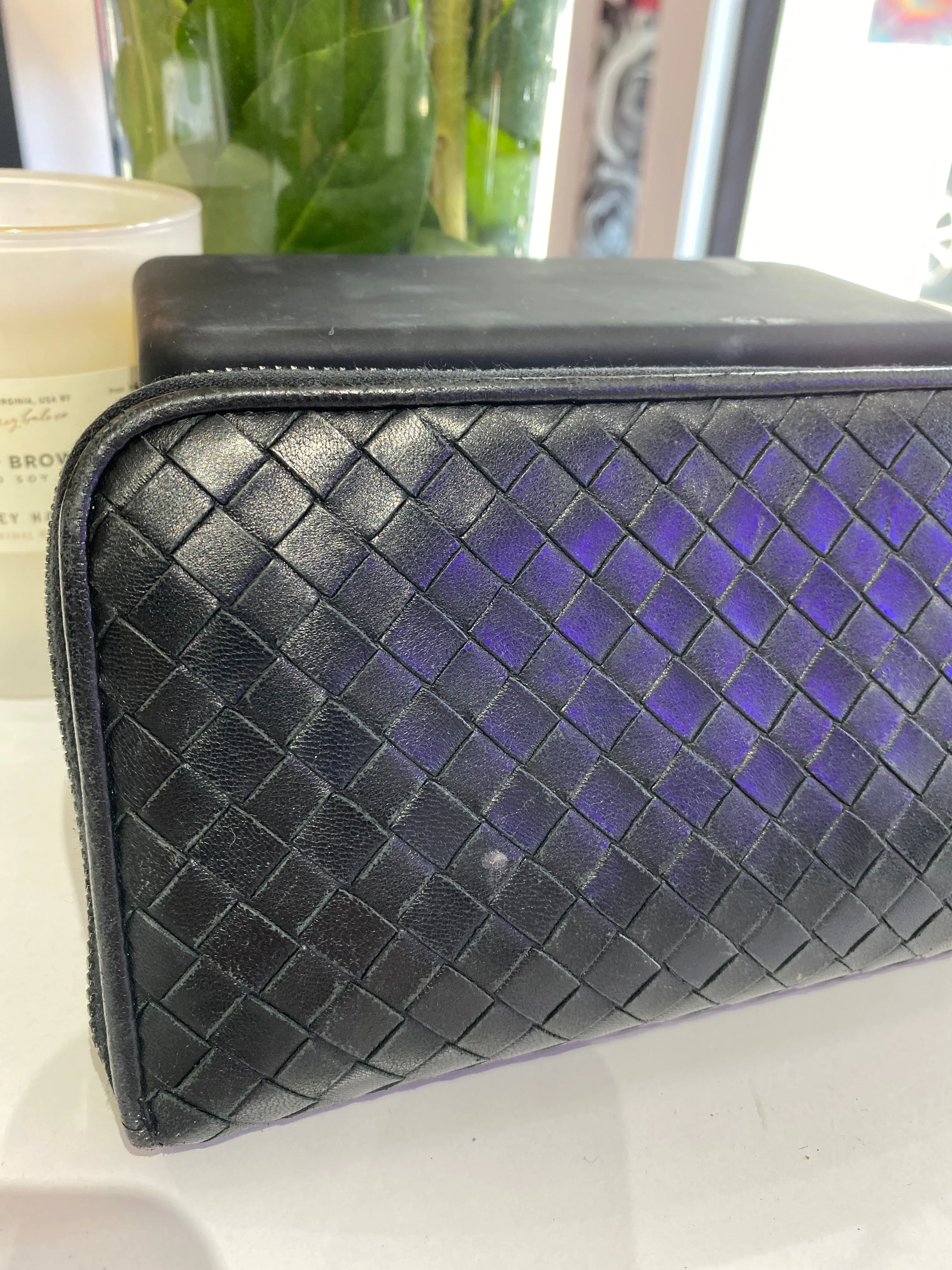 Bottega Veneta Black Classic Leather Woven Zip Around Wallet