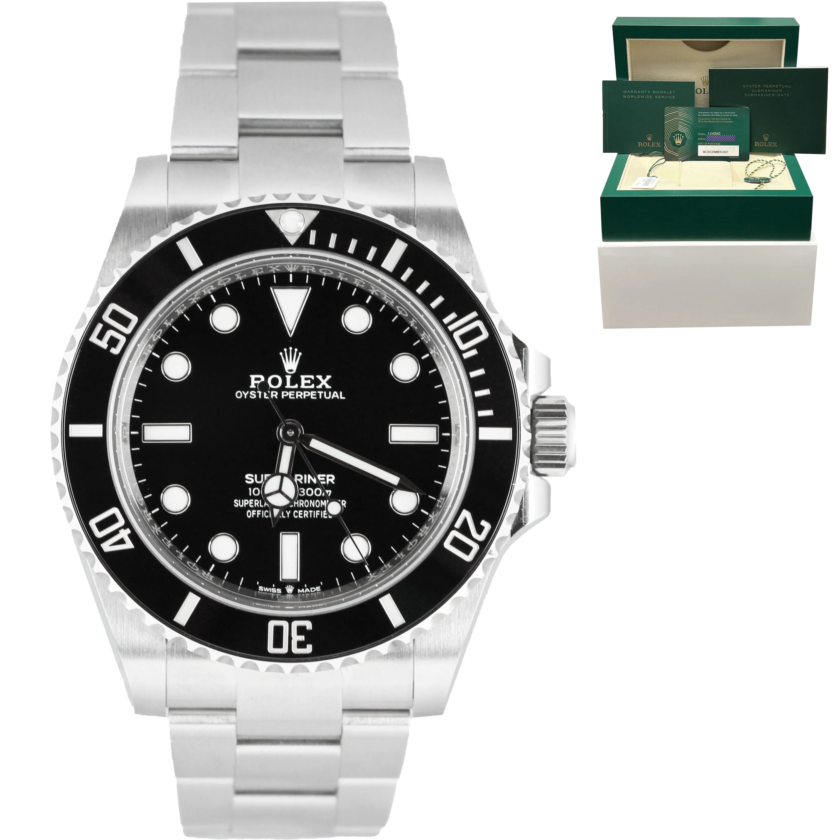 BRAND NEW 2021 Rolex Submariner 4mm No-Date Black Ceramic Steel 124060 Watch B&P