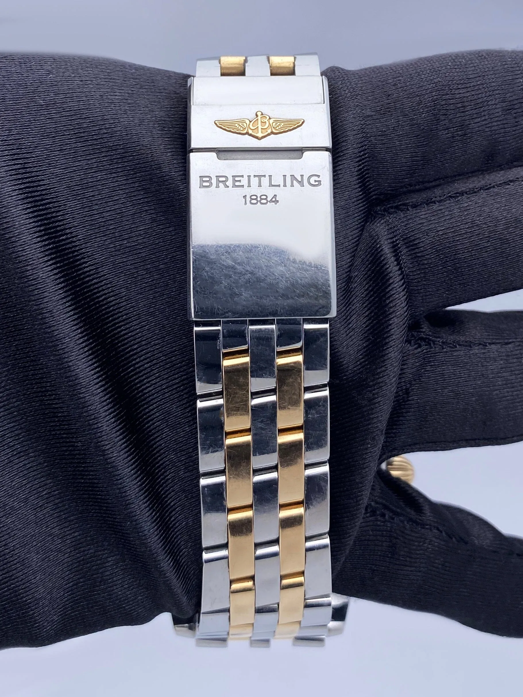 Breitling Chronomat 44 CB0110 Blue Dial Rose Gold Two-Tone Mens Watch Box Papers