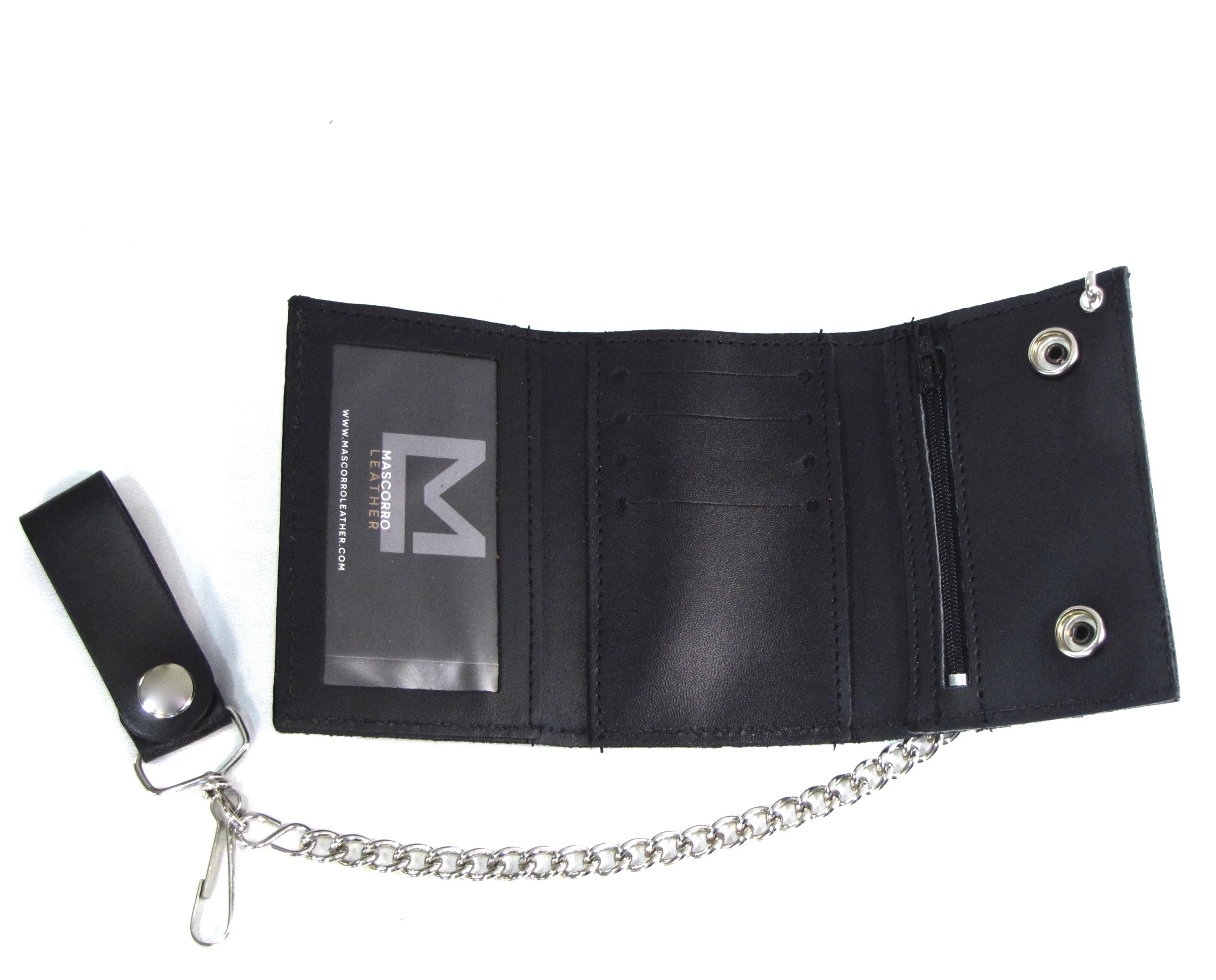 BT322-23  Tri-Fold Wallet w/ Chain- Black Veg Tan