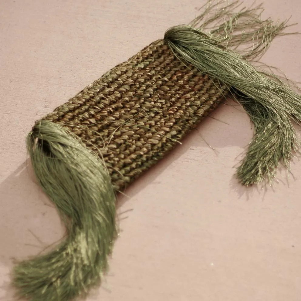 Canggu Fringe Raffia Straw Clutch, in Olive Green