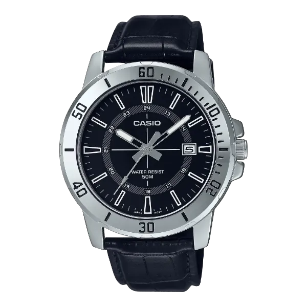 Casio Black Leather Strap Black Dial Quartz Watch for Gents - MTP-VD01L-1CVUDF