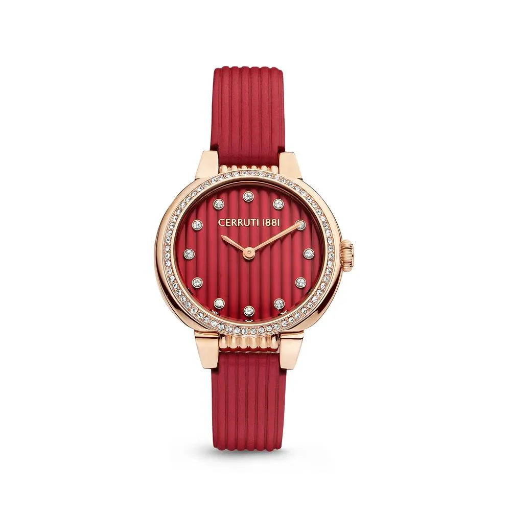 Cerruti Ladies Watch Rose Gold Plated Case With Stones / Red Dial & Red Leather Strap