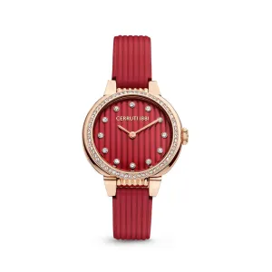 Cerruti Ladies Watch Rose Gold Plated Case With Stones / Red Dial & Red Leather Strap