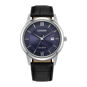 Citizen Classic Mens Eco Drive Stainless Steel Blue Dial Black Leather Strap Watch