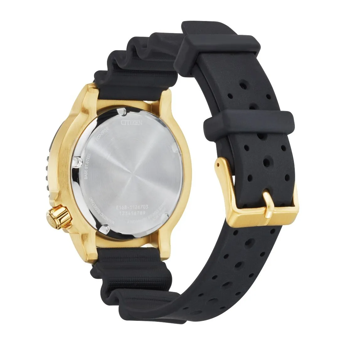Citizen Promaster Diver Mens Eco Drive Gold Tone Black Dial Black Strap Watch