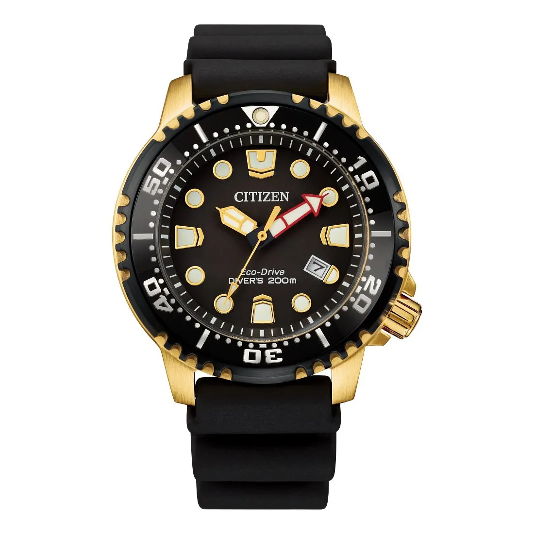 Citizen Promaster Diver Mens Eco Drive Gold Tone Black Dial Black Strap Watch