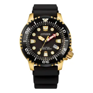 Citizen Promaster Diver Mens Eco Drive Gold Tone Black Dial Black Strap Watch