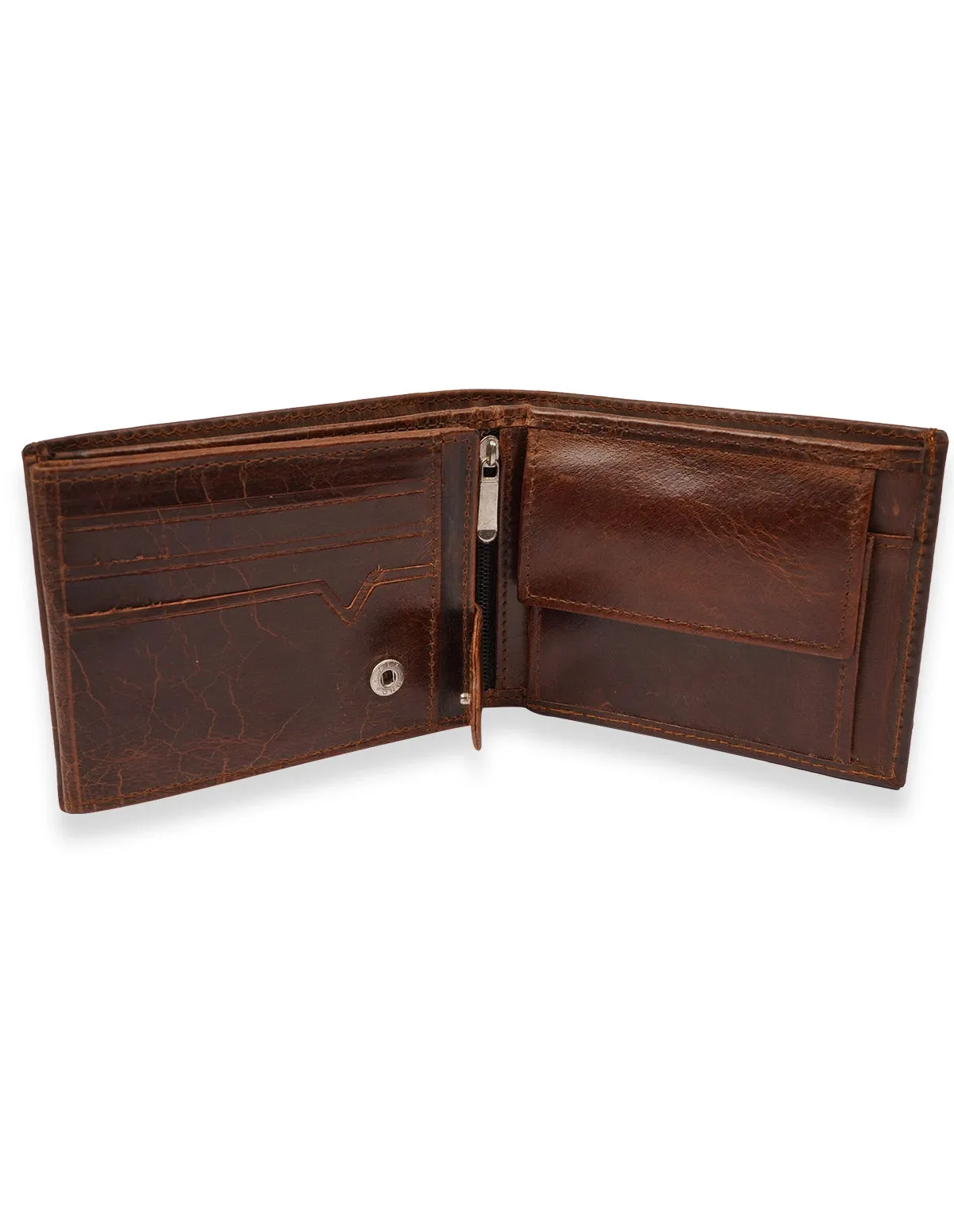 Cow Leather Wallet Brown – Trifold with  Zipper Pocket