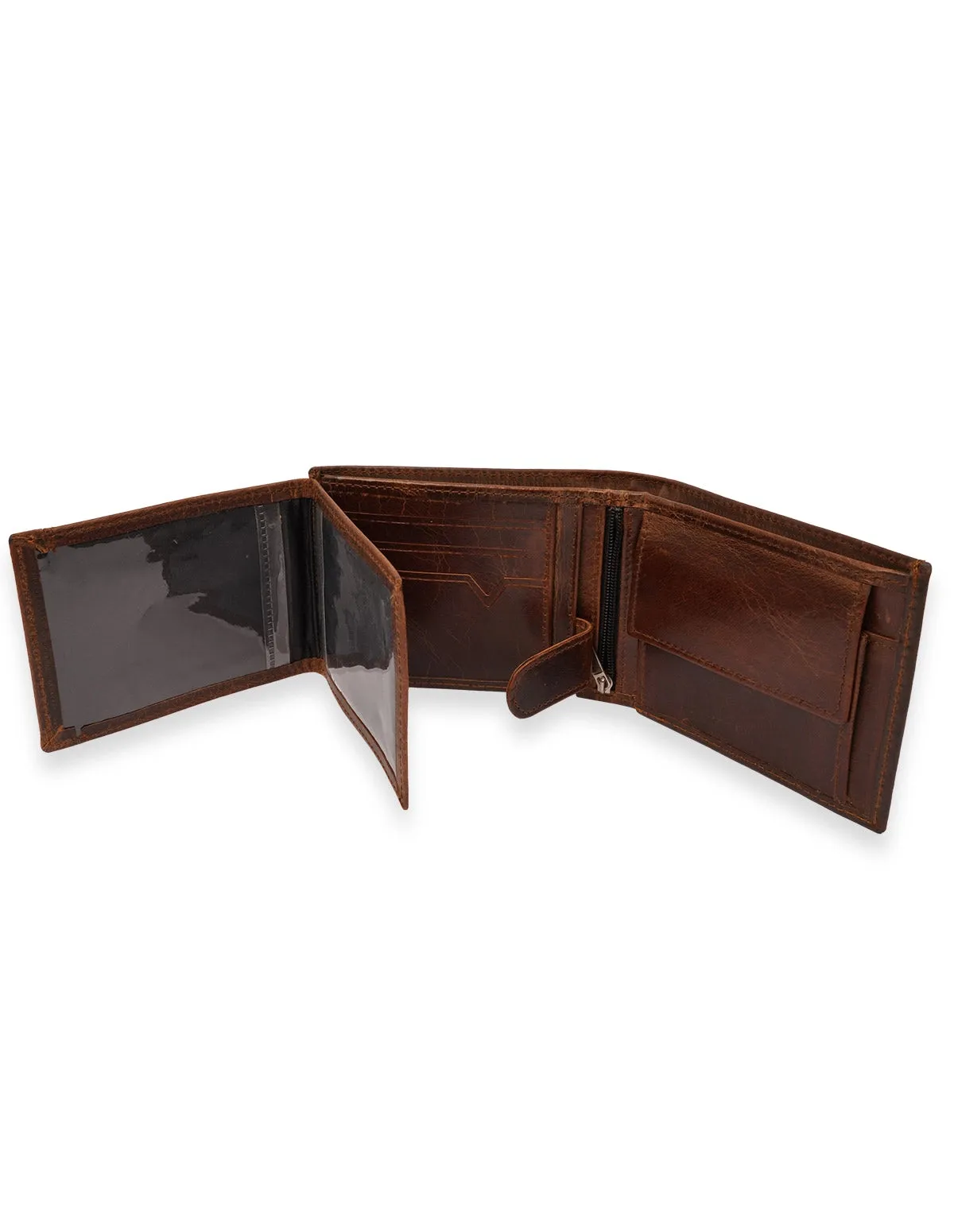 Cow Leather Wallet Brown – Trifold with  Zipper Pocket