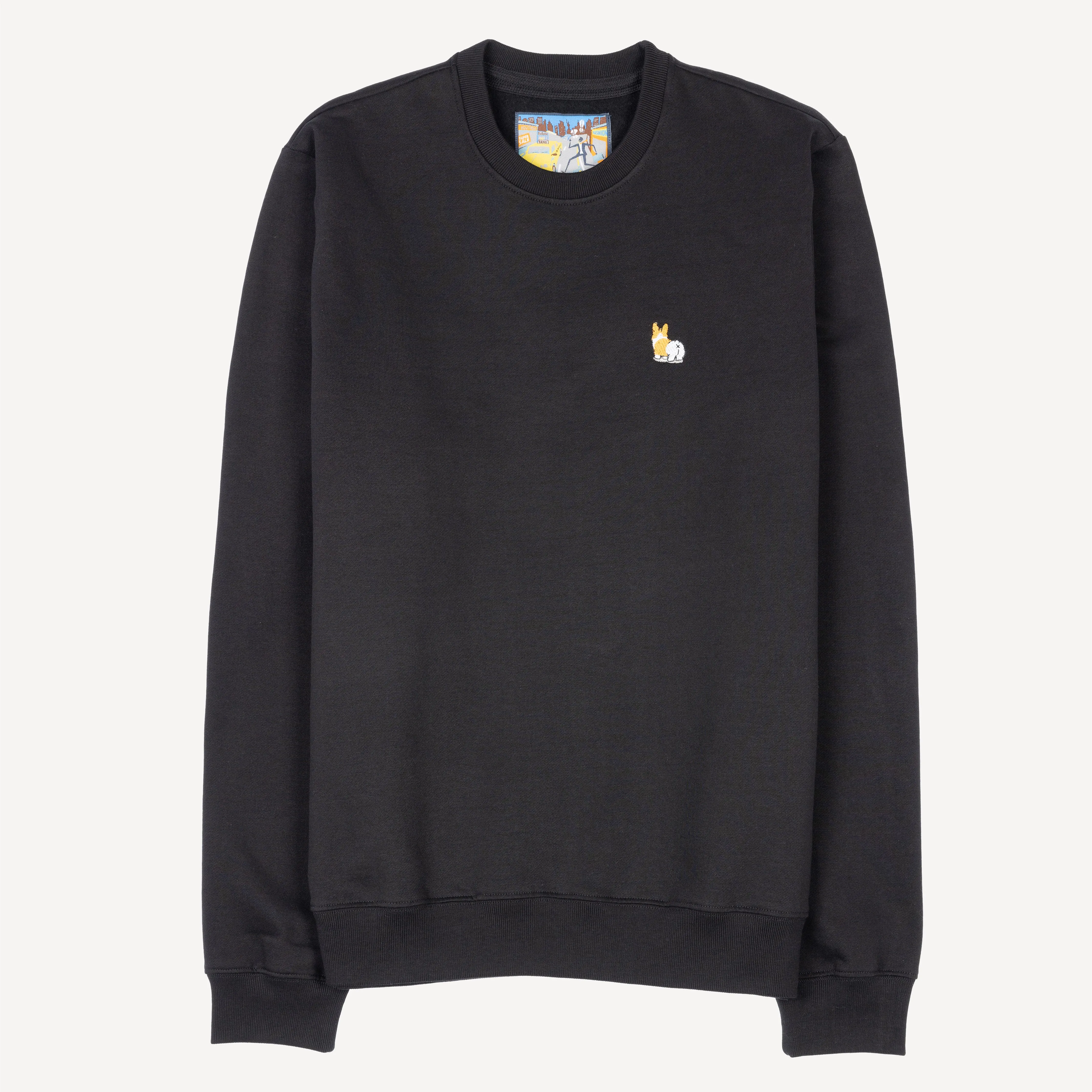 Crewneck Pullover Sweatshirt with Embroidered Icon - Black / Corgi