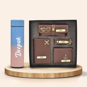 Customized Bottle with Temperature display - Pastel Shade 2 & All in One Men's Combo (4 pcs) - Brown