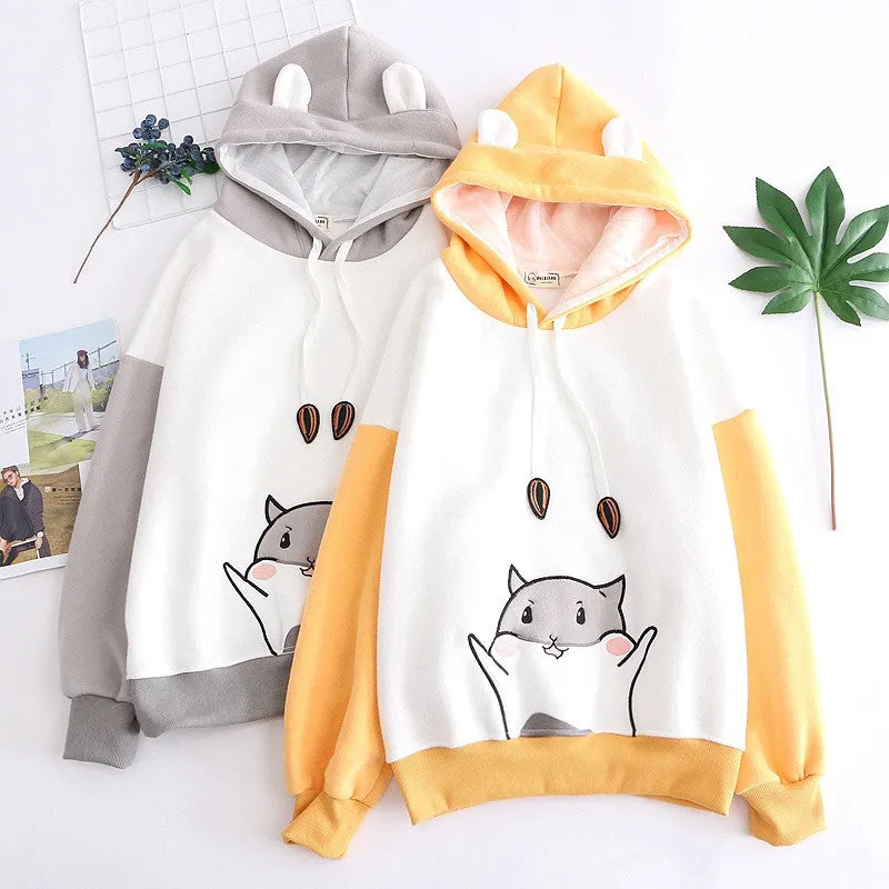CUTE HAMSTER PAW EMBROIDERY PLUS FLEECE HOODIE UB3135