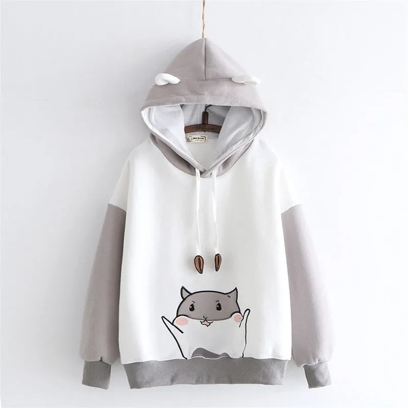 CUTE HAMSTER PAW EMBROIDERY PLUS FLEECE HOODIE UB3135