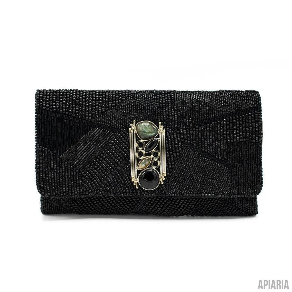Ebony Clutch by Mary Frances, Hand beaded and embroidered