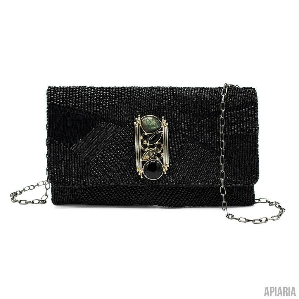 Ebony Clutch by Mary Frances, Hand beaded and embroidered